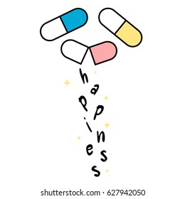 hand drawn lettering happiness therapy concept vector background illustration with pills