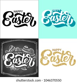 Hand drawn lettering Happy Easter inscription set, with long 3d shadow, on chalkboard with egg doodles, with golden glitter texture, isolated on retro blue background. Vector illustration.
