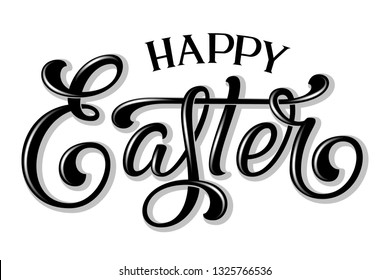 Hand drawn lettering Happy Easter with shadow and highlights. Elegant modern handwritten calligraphy. Vector Ink illustration. Typography poster on white background