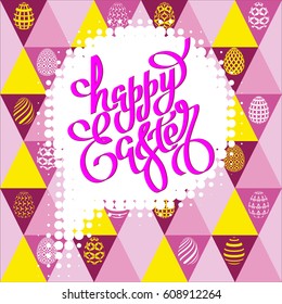 hand drawn lettering Happy Easter on a seamless lilac background with eggs