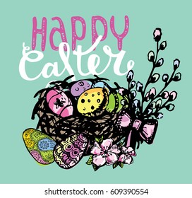 Hand drawn lettering Happy Easter. Graphic easter egg. Vector illustration.