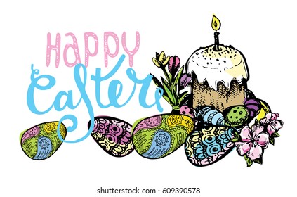 Hand drawn lettering Happy Easter. Graphic easter egg. Vector illustration.