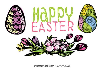 Hand drawn lettering Happy Easter. Graphic easter egg. Vector illustration.