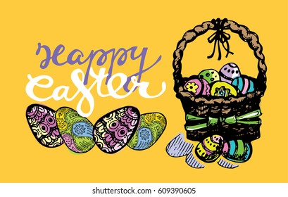 Hand drawn lettering Happy Easter. Graphic easter egg. Vector illustration.