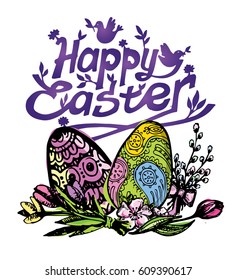 Hand drawn lettering Happy Easter. Graphic easter egg. Vector illustration.