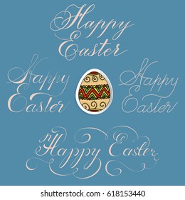 Hand drawn lettering Happy Easter in four variants. Elegant modern handwritten calligraphy. Vector Ink illustration. Typography poster on dark background. For cards, invitations, prints etc.   
