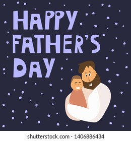 Hand drawn lettering Happy Father's Day. Great holiday gift card for the Father's Day. Template for poster, banner, gift, badge, postcard. Vector illustration on dark blue background. 