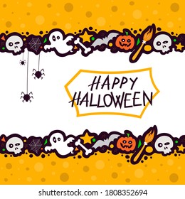 Hand drawn lettering Happy Halloween banner with funny flat characters