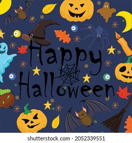 Hand drawn lettering Happy Halloween. Vector Halloween lettering with pumpkin, spider, bat, ghost and wizard hat  on blue background.