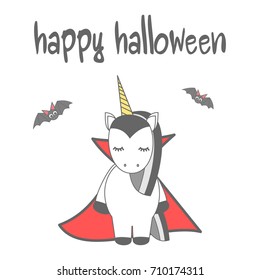 hand drawn lettering happy halloween vector card with cute cartoon vampire unicorn
