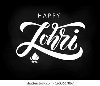 Hand drawn lettering Happy Lohri  for Punjabi festival on black background. Vector illustration.