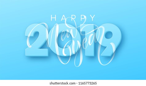 Hand drawn lettering Happy New Year 2019 on blue background. Vector illustration