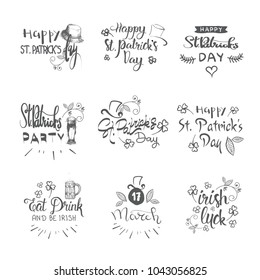 Hand Drawn Lettering For Happy Saint Patrick's Day, Irish Holiday Stickers Set Vector Illustration