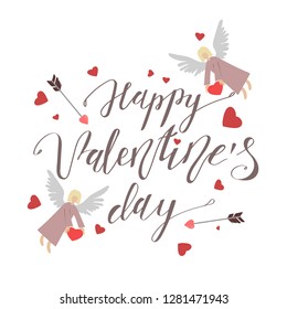 Hand drawn lettering happy valentine's day with angels and arrows, hearts around , vector