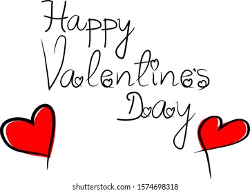 Hand Drawn Lettering Happy Valentines Day Isolated On White Background,Vector. Happy Valentines Day Calligraphy For Greeting Card,Poster And Saint Valentine Day 14th Of February. Hand Drawn Red Hearts