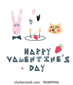 Hand drawn lettering "Happy Valentine's Day" and illustration of cute animals on a date dinner. Card, print, postcard, poster, design, anniversary, holiday, celebration.