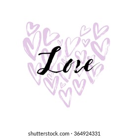 Hand drawn lettering with hearts element for Valentines day. Hand drawn modern brush calligraphy. Vector art. Ink illustration. Romantic card.