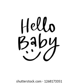 Hand drawn lettering hello baby for print, card, poster, decor. Kids lettering for baby shower.