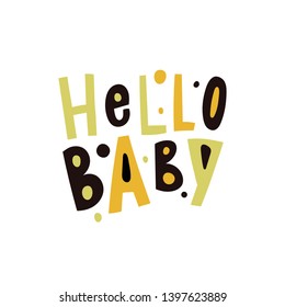 Hand drawn lettering hello baby for print, card, poster, decor. Kids lettering for baby shower.