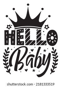 Hand drawn lettering hello baby for print, card, poster. Kids lettering for baby shower.