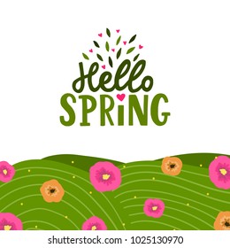 Hand drawn lettering hello spring on with floral background and grass on field