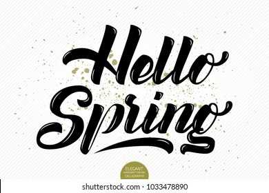 Hand drawn lettering Hello Spring. Elegant modern handwritten calligraphy. Vector Ink illustration. Typography poster on dark background. For cards, invitations, prints etc.