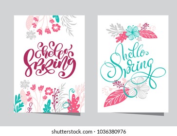 Hand drawn lettering hello Spring with frame of flowers wreath, branches and leaves. scandinavian vector illustration. Design for wedding invitations, greeting cards
