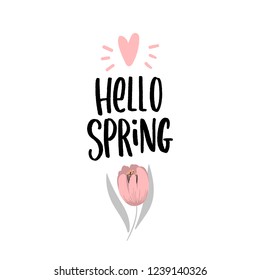 Hand drawn lettering hello spring and flower with heart for print, card.