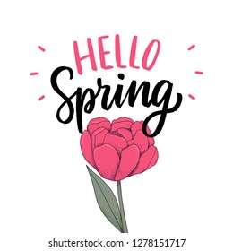 Hand drawn lettering hello spring with flower for print, card, banner. Typography seasonal slogan.