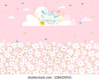 Hand drawn lettering hello spring with flowers on pink pastel colour, Vector cute flowers with calligraphy hello spring with white floral background, Greeting card for spring season