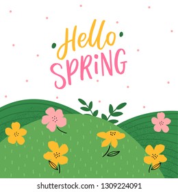 Hand drawn lettering hello spring and flowers, and grace. Spring card with typography welcome spring and leaves.