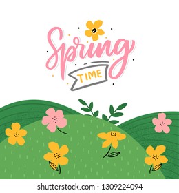 Hand drawn lettering hello spring and flowers, and grace. Spring card with typography welcome spring and leaves.