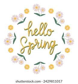 Carta dibujada a mano Hola tarjeta de primavera con marco floral decorativo, ilustración vectorial para tarjeta de felicitación, plantilla de invitación. Retro, bandera de letras vintage, cartel, fondo