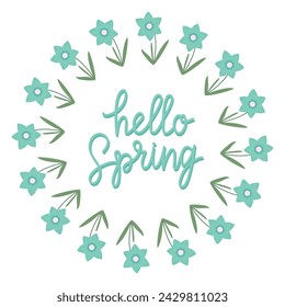 Hand drawn lettering Hello spring card with decorative floral frame, vector illustration for greeting card, invitation template. Retro, vintage lettering banner, poster, background