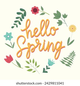 Hand drawn lettering Hello spring card with decorative floral frame, vector illustration for greeting card, invitation template. Retro, vintage lettering banner, poster, background