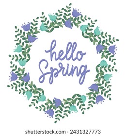 Carta dibujada a mano Hola tarjeta de primavera con marco floral decorativo, ilustración vectorial para tarjeta de felicitación, plantilla de invitación. Retro, bandera de letras vintage, cartel, fondo