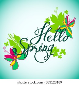 Hand drawn lettering "Hello spring" on butterfly background, EPS 10