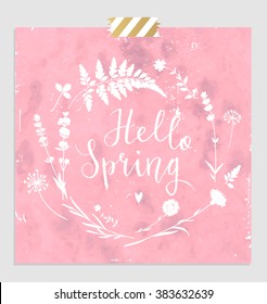 Hand drawn lettering "Hello spring" card with decorative floral frame, vector illustration