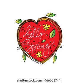 Hand drawn lettering Hello Spring in the shape of a heart of flowers, branches and leaves.