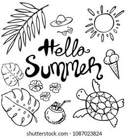 Hand drawn lettering Hello Summer and sun, ice cream, monstera leaves, tropical flowers on white background. Vector illustration. Perfect for greeting card, postcard, print, banner.