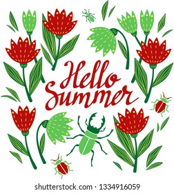 Hand drawn lettering "Hello Summer" with flowers and bugs 