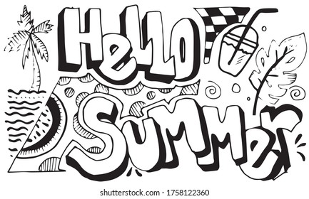 Hand drawn lettering of Hello Summer with doodle style. Vector illustration.