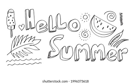 Letras dibujadas a mano de Hello Summer con estilo de doodle. Ilustración vectorial.