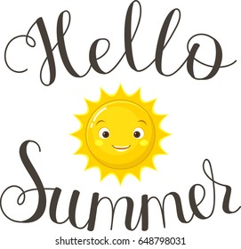 Hand drawn lettering Hello Summer. Hand drawn letters with happy smiling sun. Handwritten quote. Poster, greeting card, wall art or wallpaper template. Vector art. 