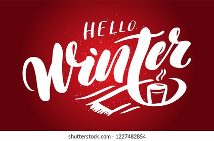 Hand drawn lettering "Hello winter". Logo vector design, doodle style. Lettering for web, congratulations, promotional pictures news, invitations, postcards, banners, posters