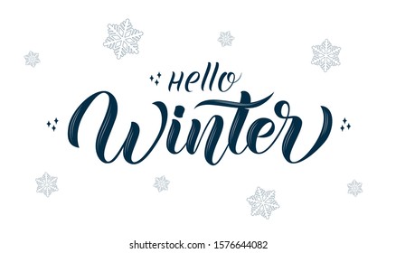 Hand drawn lettering "Hello winter" with decorative elements. Vector illustration.