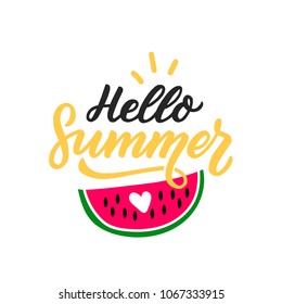Hand drawn lettering heo summer with watermelon for print, card, poster, banner, decor. Seasonal typography.