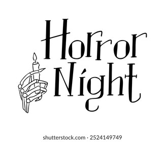 Hand drawn lettering Horror Night for greeting card. Holiday template for autumn holiday banner, postcard. Black vector lettering with doodle hand bones and candle isolated on white background