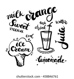 Hand drawn lettering with ice cream, lemonade and bubbles. Set of Calligraphic titles and symbols for restaurant.