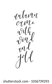 Hand drawn lettering. Ink illustration. Modern brush calligraphy. Isolated on white background. Autumn came with wind and gold.